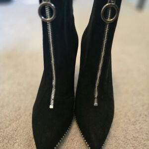 Bar III Black Heeled Suede Ankle Boots with Silver Zippers And Studded Trim